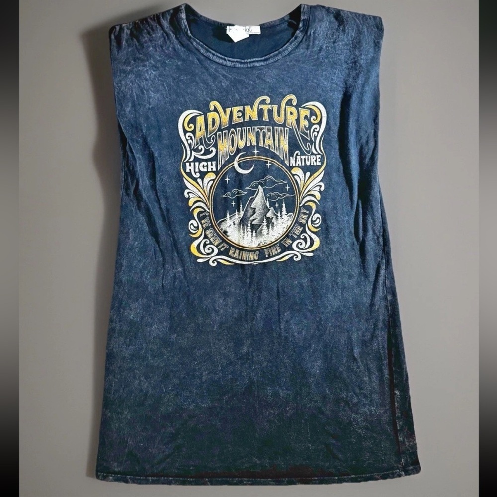 FREEMARKET FLYING TOMATO Shirt Dress Small Black Stonewashed Adventure Mountain